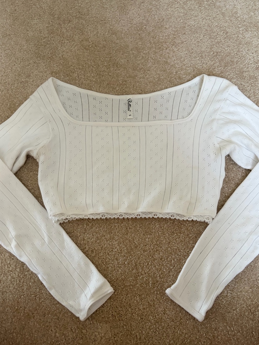Pretties White Eyelet Knit Cropped Long Sleeve Top